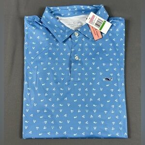 Vineyard Vines Golf Shirt Polo Fly Toss Print Large Blue Polyester